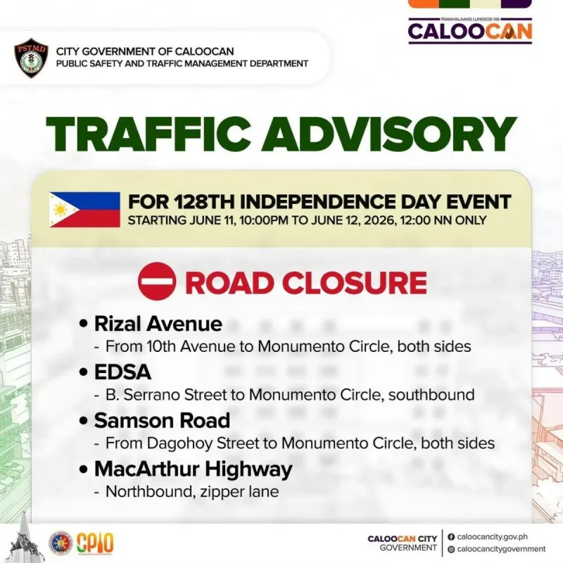 Avis de circulation pour le Jour de l'Indépendance à Caloocan