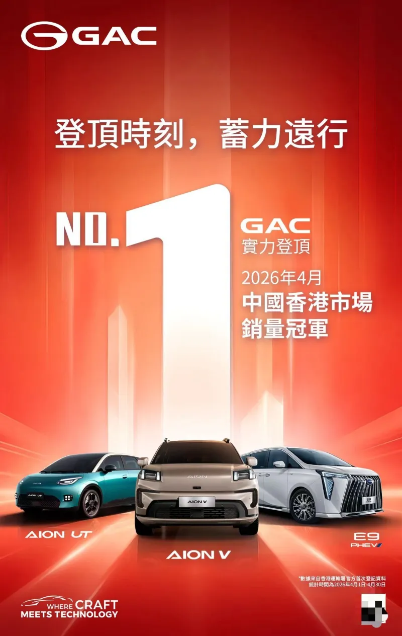 GAC en tête des ventes de VE à Hong Kong en avril 2026