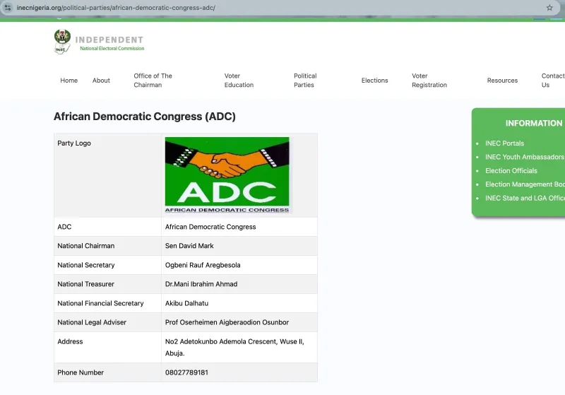 INEC inscrit David Mark comme président de l'ADC après jugement